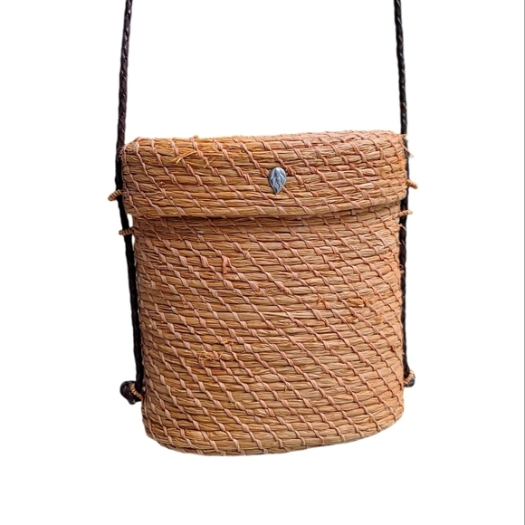 Vintage Helen Kaminski Crossbody Bucket Bag Tan Braided Leather Strap Rare